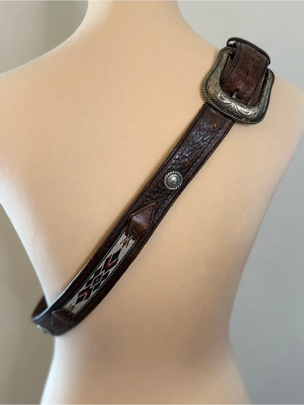 Western embroidered brown leather belt embossed silver decor 47”
